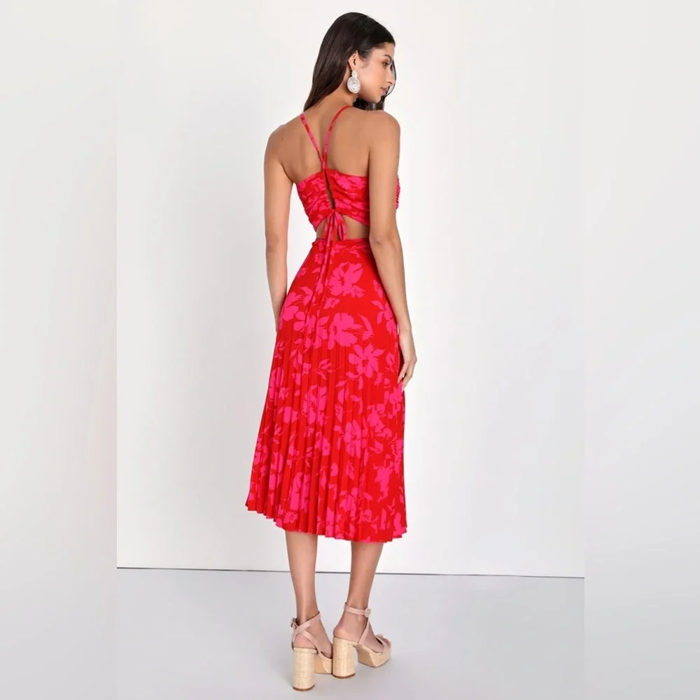 Lulu's Red and Pink Floral Pleated Midi Dress - Picture 2 of 6